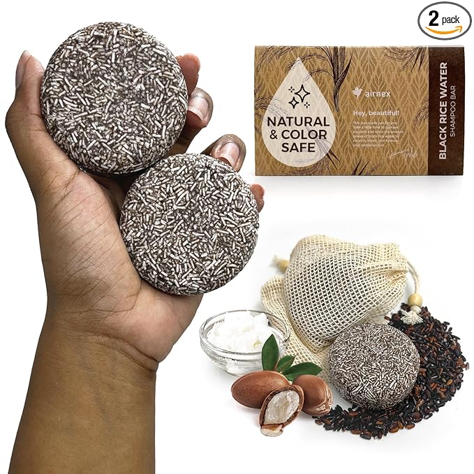 AIRNEX Black Rice Water Shampoo - Fermented Rice Water, Argan Oil & Murumuru Butter for Hair Growth, Moisture & Shine - Set of 2 Bars + Cotton Bags - Sulfate-Free, All-Natural (4.04 oz) Moisturiser