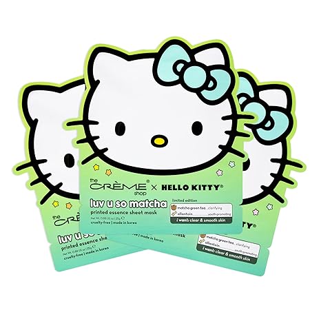 The Crème Shop The Crème Shop x Hello Kitty Luv U So Matcha Printed Essence Sheet Mask, Green Tea Korean Face Mask - 3 Pack Sheet Mask