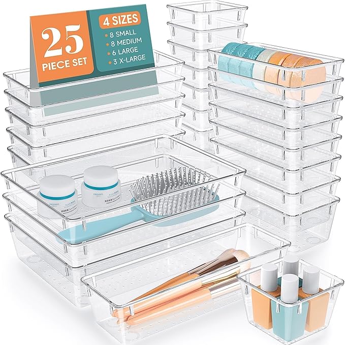 WOWBOX WOWBOX 25 PCS Clear Plastic Drawer Organizer Set, 4 Sizes Desk Drawer Divider Organizers and Storage Bins for Makeup, Jewelry, Gadgets for Kitchen, Bedroom, Bathroom, Office skincare