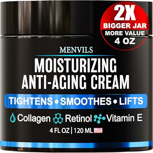 Menvils Mens Face Moisturizer Cream - Anti Aging & Wrinkle Repair - After Shave Lotion for Men with Collagen, Retinol, Vitamins E, Jojoba Oil - Age Facial Skin Care - Lightweight Day & Night Cream - 4 oz Moisturiser