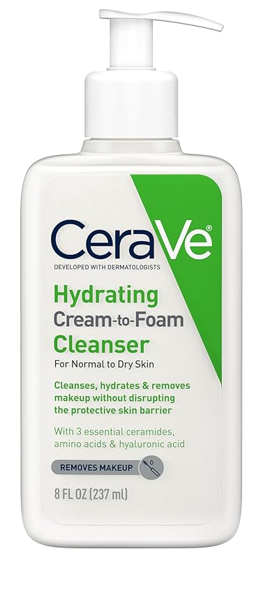 CeraVe CeraVe Hydrating Cream To Foam Cleanser, Makeup Remover Face Wash For Dry Skin, Foaming Facial Cleanser With Hyaluronic Acid, Normal To Dry Skin, Fragrance Free & Non Comedogenic, 8 Fluid Ounces Korean face wash
