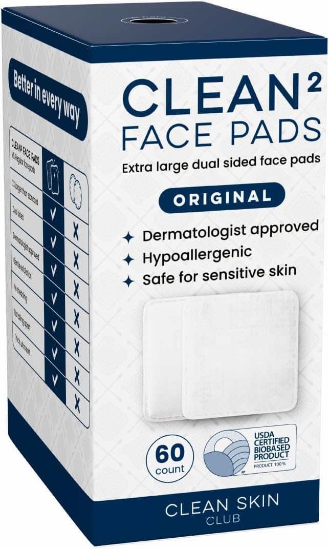 CLEAN SKIN CLUB Clean Skin Club Clean² Pads 2.0 [New & Improved Edges] Guaranteed Not to Shed & Tear Face Pads, Unique Triple Layers, Textured & Ultra Soft Side, Organic Disposable Cotton, Pair with Makeup Remover Toner