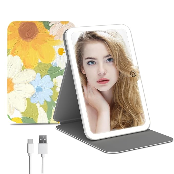 FUNTOUCH Rechargeable Travel Lighted Makeup Mirror with PU Leather Cover, Portable Travel Makeup Mirror with Lights, 3 Color Lighting,Touch Sensor Dimmable, Light Up Tabletop Cosmetic Mirror Folding Flower skincare