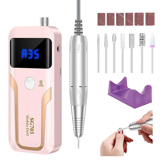 MOCOWIND Portable Nail Drill Professional 35000 RPM, Rechargeable Electric Nail File Machine Cordless E-File for Acrylic Gel Polishing Removing with Bits Kit for Manicure Salon Home, Pink skincare
