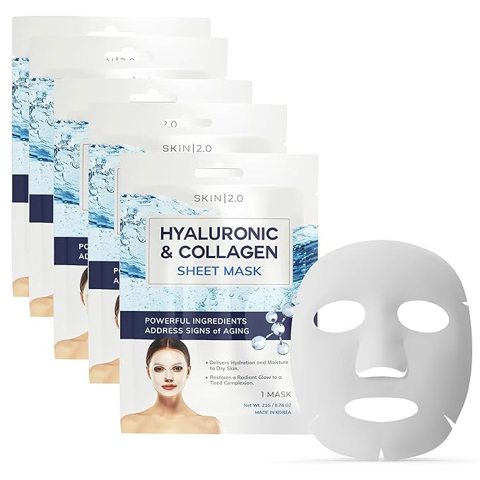 Skin 2.0 Hyaluronic Acid & Collagen Sheet Mask - Hydrating, Anti-Aging, Firming - Dermatologist Tested Korean Skincare - Clean Beauty, Natural Ingredients, Cruelty-Free, All Skin Types - Pack of 5 Sheet Mask