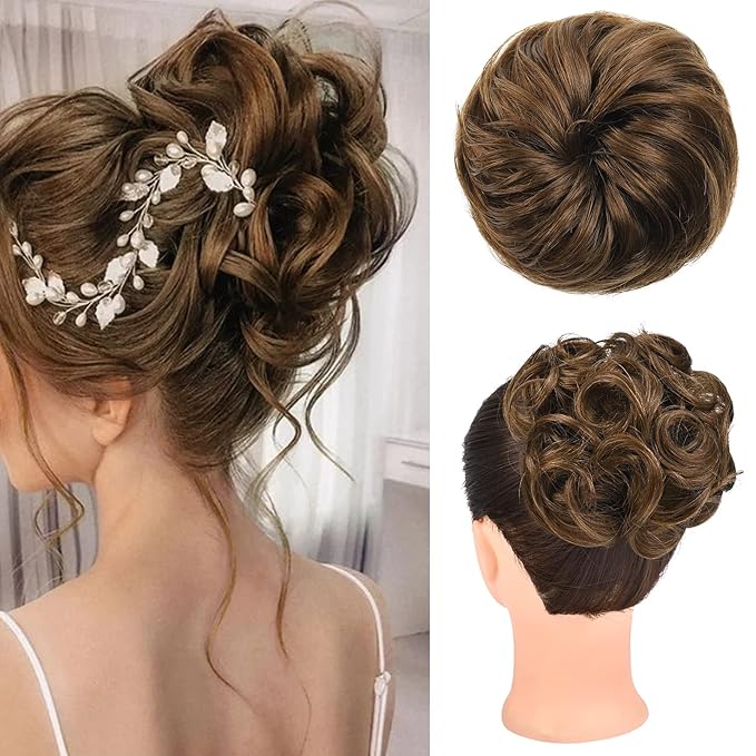 HOOJIH HOOJIH Messy Bun Hair Piece, 100% Real Human Hair Tousled Updo Extension Natural Curly Messy Bun with Elastic Band Hair Bun Hair Piece for Women Ponytail Extensions - Hazelnut Brown skincare
