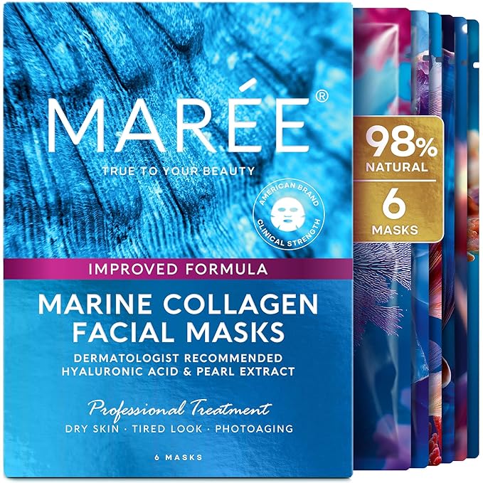 MAREE MAREE Collagen Facial Mask with Hyaluronic Acid — Sheet Face Mask Skincare — Centella Asiatica, Green & Red Algae Extract — Hydrating Facemask For Women Skin Care — Mascarillas Para La Cara — 6 Count skincare