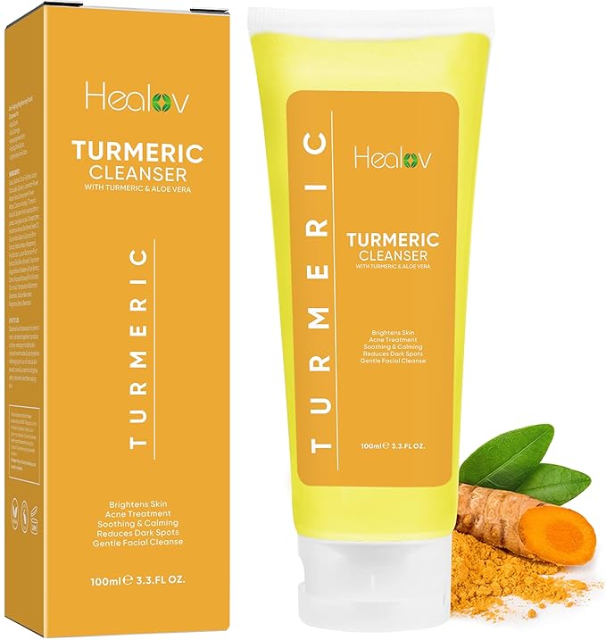 Healov Turmeric Face Wash, Turmeric Clear Skin Liquid Soap – 100% Natural Anti Aging Exfoliating Facial Cleanser for Spots, Clearing Acne Scars, Age Spots, Sun Damage, Discoloration – Bath Soap Exfoliator