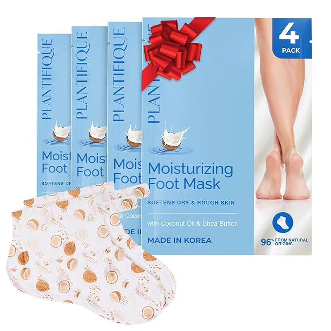 PLANTIFIQUE PLANTIFIQUE Korean Foot Mask with Shea Butter 4 Pairs box for Dry & Cracked Feet | Hydrating Socks for Soft Heels | Intense Moisturizing and Repairing Dry Rough Skin | Foot Spa | Happy Feet Mask Korean face wash