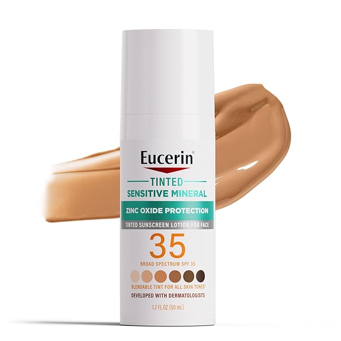 Eucerin Eucerin Sun Tinted Sensitive Mineral Face Sunscreen Lotion SPF 35, Non-Comedogenic Mineral Sunscreen with Gentle Zinc Oxide Protection for Sensitive Skin, 1.7 Fl Oz Bottle Makeup/Base