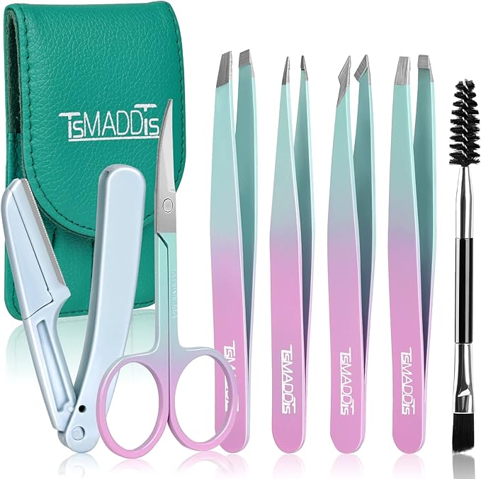 TsMADDTs TsMADDTs 7 pcs Tweezers for Women Facial Hair, Precision Tweezer Set for Eyebrows with Curved Scissor and Eyebrow Razor for Ingrown Hair skincare