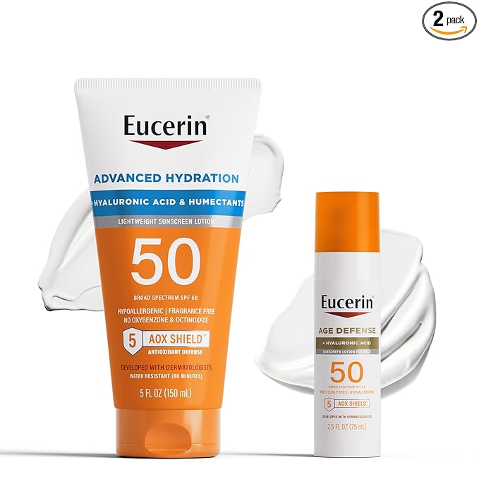 Eucerin Eucerin Sun Advanced Hydration SPF 50 Sunscreen Lotion (5 Fl Oz) + Age Defense Face Sunscreen Lotion SPF 50 (2.5 Fl Oz), Hypoallergenic and Lightweight Sun Protection with Hyaluronic Acid Sunscreen