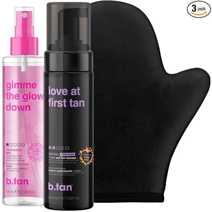 B.TAN b.tan Violet Self Tan Foam & Face Mist Kit | Lovers Bundle - Dark Sunless Tanning Mousse, Bronzing Glow Gradual Facial + Body Spray, Mitt Applicator, 1 Hour Express, No Fake Tanner Smell, 6.7 Fl Oz skincare