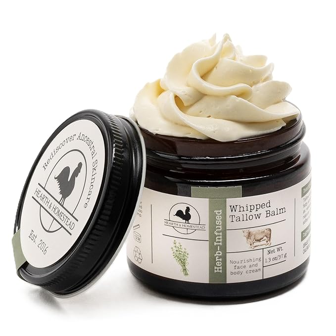 Hearth and Homestead Hearth and Homestead: Handmade Whipped Tallow Balm (Unscented/Herb-Infused) - Organic Body Butter with Infused Olive Oil, for Eczema, Rosacea, Baby - 1.3 oz skincare