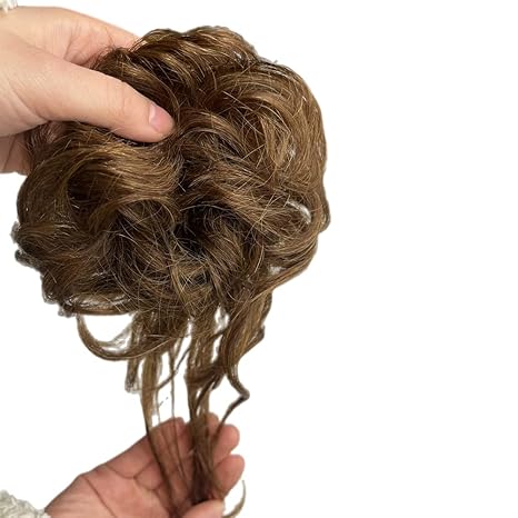 AYunhe 100% Human Hair Messy Bun Extension Tail, Messy Hair Bun Hair Scrunchies Extension with Fringe Curly Wavy Chignon for Women Wedding Tousled Updo Hairpiece (Light Brown) skincare