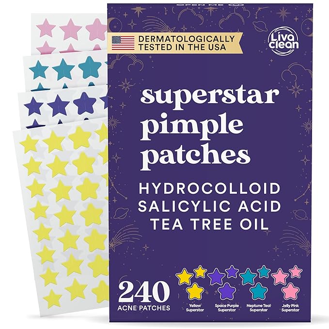 LivaClean Livaclean Star Pimple Patches for Face w/ Hydrocolloid, Tea Tree oil & Salicylic Acid - Zit Stickers, Hydrocolloid Acne Patches for Face - Cute Pimple Patch, Acne Stickers | w/Hydrocolloid, Salicylic Acid, Tea Tree, Healing Stickers, Zit Superstar skincare