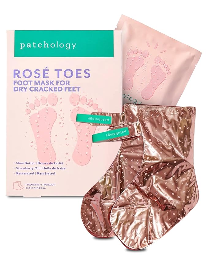 Patchology Patchology Rosé Toes Moisturizing Foot Mask – Shea Butter & Strawberry Scented Booties for Dry, Cracked Feet, Disposable Spa Socks with Resveratrol for Soothing Foot Care, Self-Care Essentials Korean face wash