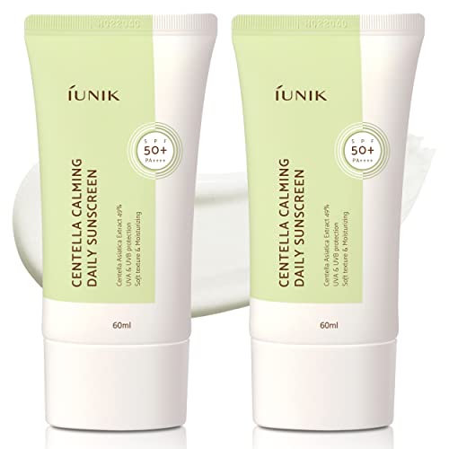 IUNIK IUNIK Centella Calming Moisture Daily Sunscreen SPF 50+ PA++++ Matte & No White Cast Centella Asiatica Dry Oily Sensitive Vegan Korean Skincare - Pack of 2 Korean Sunscreen