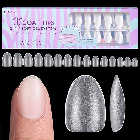 BTArtbox Extra Short Almond Nail Tips - BTArtbox Clear Gel Nail Tips Natural with Tip Primer Cover, Pre-shaped Full Matte Oval Gel Press On Nails Clear Soft Fake Nails for Daily Nail Art skincare