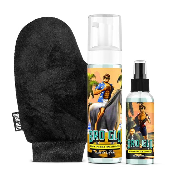 bro glo Bro Glo Self Tanner for The Boys - Starter Bundle - Easy Sunless Tan For Your Face & Body With Mitt Applicator - Oil Free Water Based for Faster Skin Drying - Natural Sun Kissed Bronze Color Perfect for Men - Gift Set (Starter Bundle) skincare