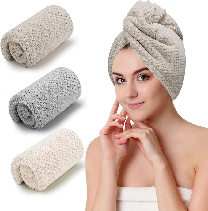 CZZXI 3 PCS Microfiber Hair Towel - Wraps for Wet Hair, Anti Frizz Turbans, for Curly Hair (Beige, Khaki, Grey) skincare