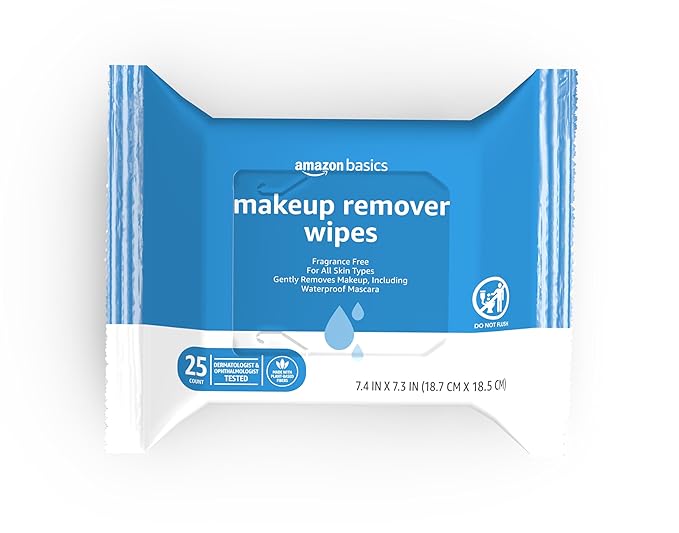 Amazon Basics Amazon Basics Makeup Remover Wipes, Fragrance-Free, Alcohol-Free, Gentle Cleansing, Plant-Based, Dermatologist Tested, Removes Waterproof Mascara, Resealable, 25 Count, 1-Pack skincare