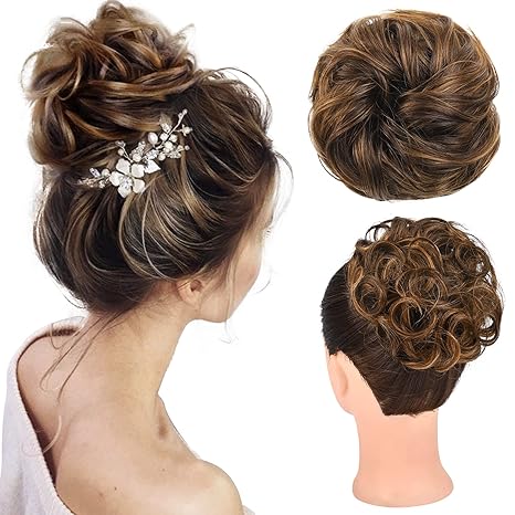 Flufymooz FLUFYMOOZ Messy Bun Hair Piece, 100% Real Human Hair Tousled Updo Extension Natural Curly Messy Bun with Elastic Band Hair Bun Hair Piece Ponytail Extensions for Women(Medium Brown with Golden Blonde Highlights) skincare