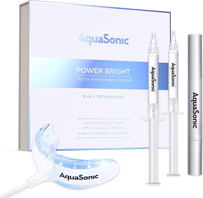 Aquasonic AquaSonic Power Bright Teeth Whitening 3-in-1 Kit | 2 Whitening Gel Syringes | 1 Blue LED Light Mouthpiece | 1 Whitening Pen | Easy Safe Fast Results skincare