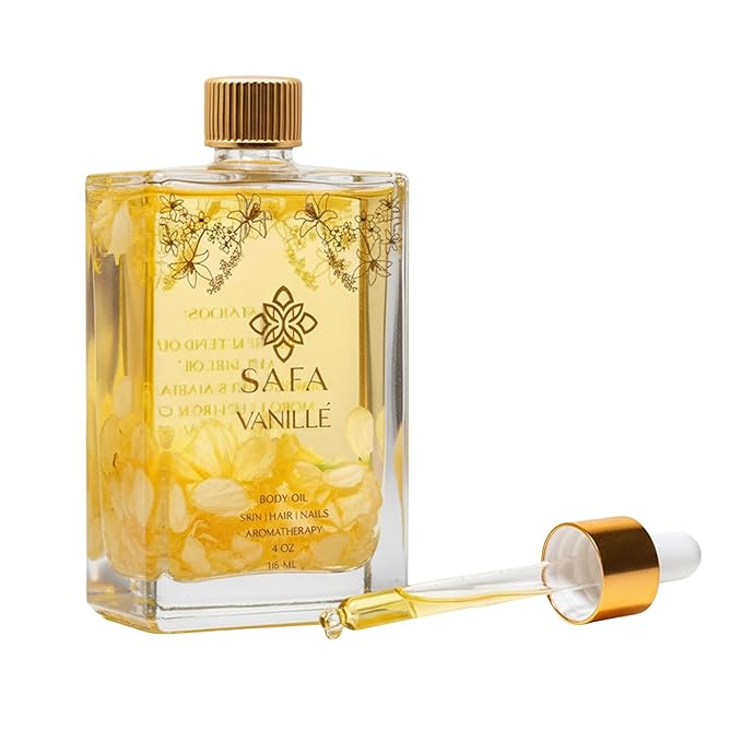 SAFA SAFA Vanillé Oil - Organic Oil for Face, Body, Hair, Nails & Aromatherapy | Vanilla Extract & Jasmine Petals - Essential Oil for Diffusers | After Shower Vanilla Body Oil | Skin Moisturiser (4 Fl Oz) Exfoliator