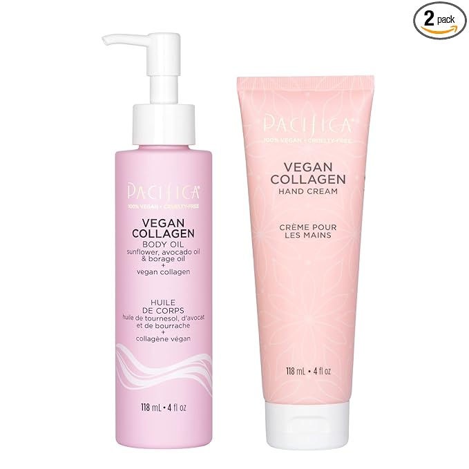Pacifica Pacifica Beauty Vegan Collagen Hand Cream and Body Oil with Pump Set, Bath and Body, Shea Butter, Cocoa Butter, Body Massage Oil, For Dry Skin, Skin Care, Body Care, 4 fl oz Each (Set of 2) Moisturiser