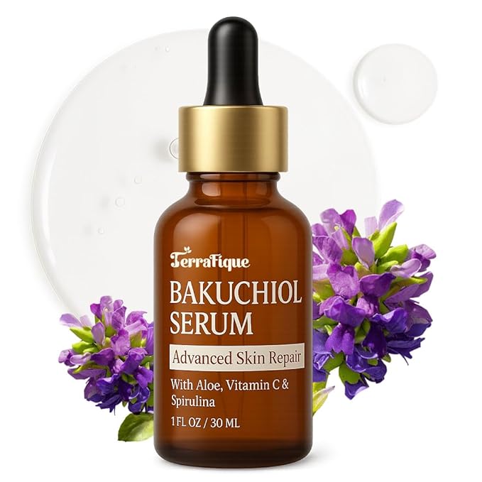 TERRAFIQUE Bakuchiol Serum - Retinol Alternative - Hydrating and Moisturizing - Can be Used on Sensitive Skin - Anti Aging - Also Contains Aloe, Witch Hazel, Centella, Spirulina - 1 Fl. Oz. Serum