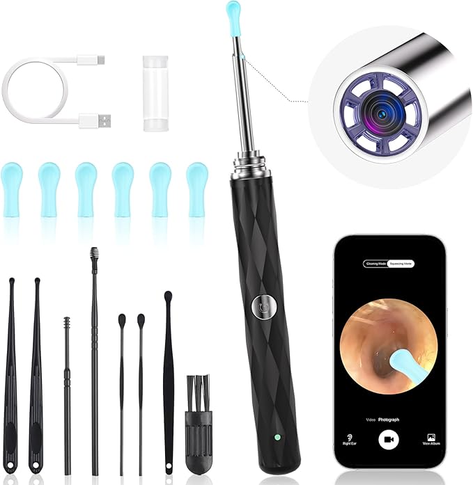Keyloland High-Definition Ear Wax Removal, Wireless Ear Cleaner, Safe and Gentle Ear Wax Removal Kit, Rechargeable Ear Cleaner with Camera and Light, Ear Cleaning Kit for Android and iOS (Black) skincare