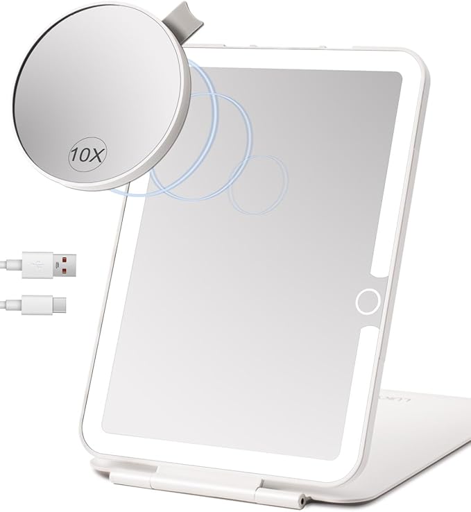 LUKYMIRO Rechargeable Travel Makeup Mirror with Light,7x5 inches Portable Lighted Vanity Mirror with Small 10X Magnifying, LED 3 Color Dimmable, Tabletop Folding Compact Mirror skincare