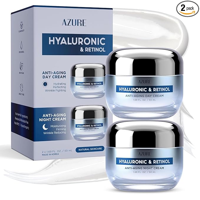 Azure Cosmetics Azure Cosmetics Hyaluronic Acid Moisturizer Face Cream - Dermatologist Tested, Anti-Aging Retinol Cream for Dark Spots, Fine Lines & Wrinkles - Clean Beauty, Korean Skincare - Day & Night Duo Set Moisturiser