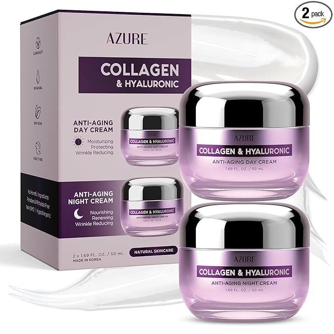 Azure Cosmetics Azure Cosmetics Collagen & Hyaluronic Acid Face Moisturizer - Dermatologist Tested, Anti-Aging Cream for Fine Lines & Wrinkles - Ultra Hydrating Face Cream - Korean Skin Care - Day & Night Duo Set Moisturiser
