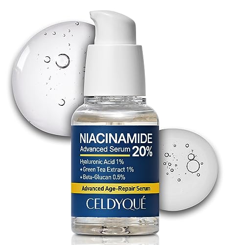 CELDYQUE Niacinamide 20% + Hyaluronic Acid 1% Serum for Face w/Green Tea Extract - Pore Minimizer, Even Skin Tone, Fine Line Vitamin B3 Beta-Glucan Korean Skincare Serum