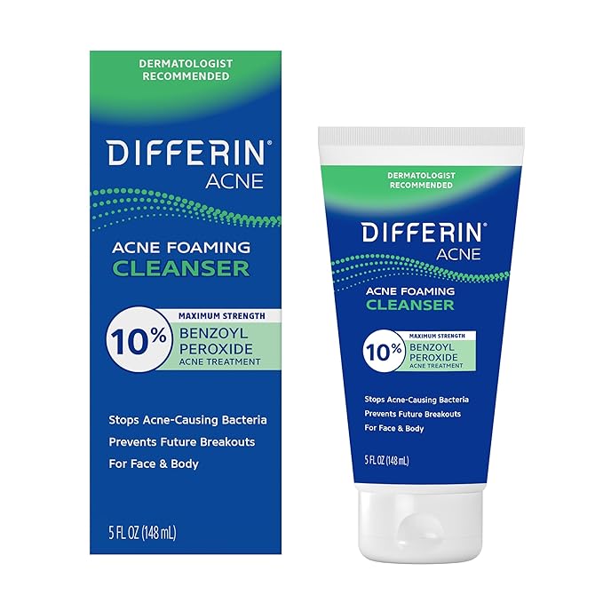 Differin Differin Acne Face Wash with 10% Benzoyl Peroxide, Maximum Strength OTC Acne Foaming Cleanser, Fast Acting Acne Treatment for Face and Body, 5 oz. Water Cleanser