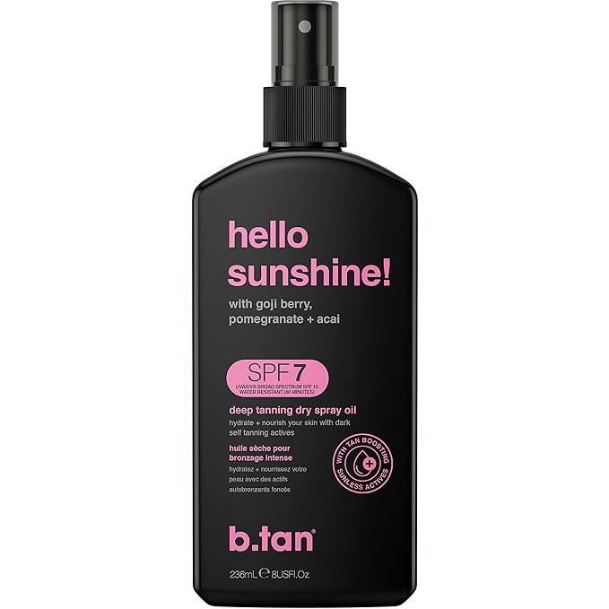 B.TAN b.tan SPF 7 Tanning Oil | Hello Sunshine - Deep Suntan Dry Spray, Best Outdoor Browning Body Mist, Packed with Moisturizing Goji Berry, Pomegranate + Açai, Austrailian Brand, 8 Fl Oz Sunscreen