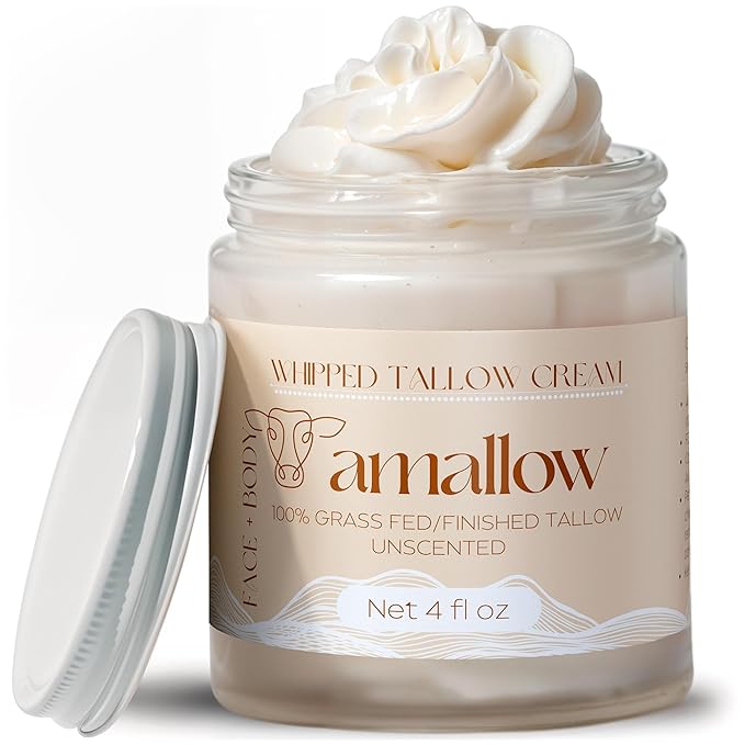 Amallow Amallow 100% Grass Fed Beef Tallow for Skin Care - Face + Body - Whipped Moisturizer for Sensitive Skin - Natural Lotion, 4 FL. oz. (Unscented) Moisturiser