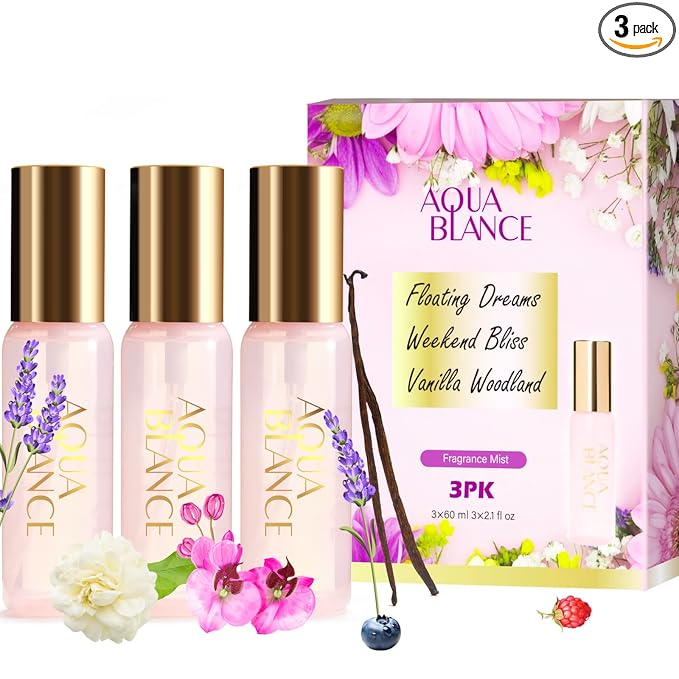 AQUA BLANCE Body Spray Set for Women, Each 60ml/2.1 FlOz, Travel Size Womens Fragrance Body Spray, Three Scents - Vanilla Woodland, Lavender, Jasmine Raspberry skincare