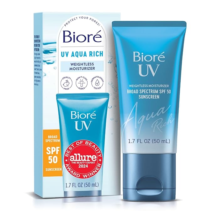Bioré Biore UV Aqua Rich Daily Hydrating Facial Moisturizer with SPF 50 | Oil Free Sunscreen & Primer for Makeup with Hyaluronic Acid, No White Cast, Non-Comedogenic, For Sensitive Skin, PA++++, 1.7 Oz Sunscreen