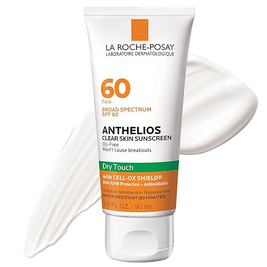 La Roche-Posay Anthelios Clear Skin Sunscreen Dry Touch SPF 60, Oil Free Sunscreen For Face, Oil Absorbing, Broad Spectrum SPF + Antioxidants, Non-Greasy, Oxybenzone Free, Travel Size Sunscreen