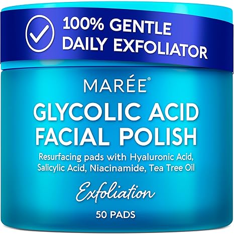 MAREE MAREE Glycolic Acid Pads - Toner Pads for Face Cleansing - Exfoliating Pad with Tea Tree Oil, Salicylic Acid & Vitamins E, B3, B5 - Acne Clearing, Skin Pore Resurfacing & Radiance Device - 50 Count Exfoliator