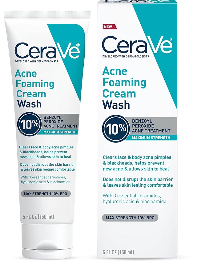 CeraVe CeraVe Acne Foaming Cream Wash, Gentle Face and Body Cleanser with Benzoyl Peroxide 10%, Hyaluronic Acid, and Niacinamide, 10% Benzoyl Peroxide Treatment Clears Pimples and Blackheads 5 Oz Water Cleanser