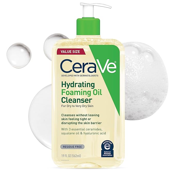 CeraVe CeraVe Hydrating Foaming Oil Cleanser, Moisturizing Oil Cleanser for Face & Body, Squalane Oil + Hyaluronic Acid + Ceramides, For Dry to Very Dry Skin, Fragrance Free & Residue Free, 19 FL Oz Oil Cleanser