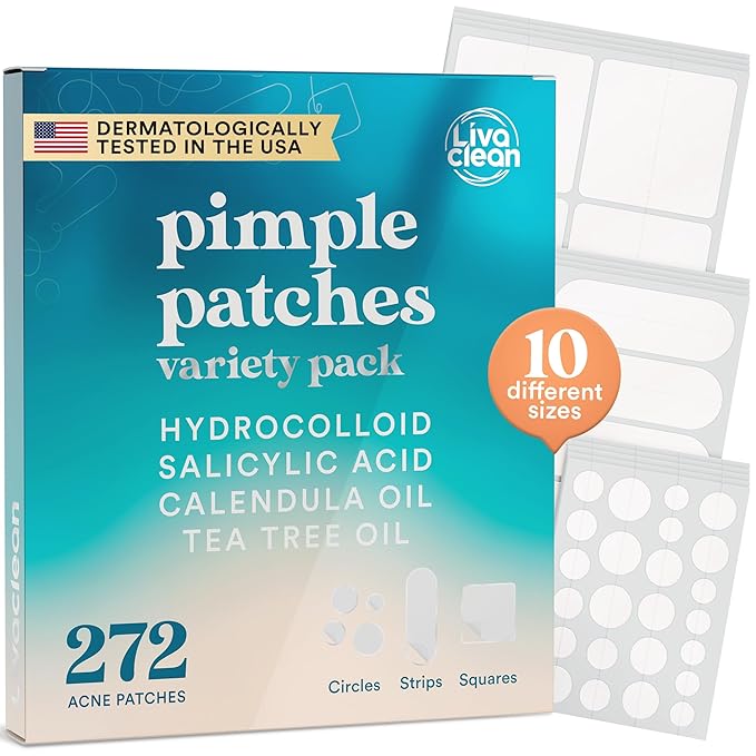 LivaClean 272 CT Large Pimple Patches for Face - Variety Pack Zit Patches w/ Salicylic Acid, Tea Tree, Calendula Oil - Pimple Patches Large Acne Patches for Face and Body - Dark Spot Patches skincare