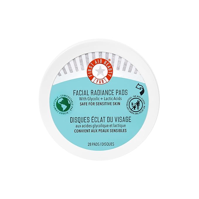 First Aid Beauty First Aid Beauty - Facial Radiance Pads with Glycolic & Lactic Acids, Daily Exfoliating Pads with AHA, Visibly Smaller Pores, Help Tone & Brighten Skin, One-Step Makeup Prep, Compostable, 28 Exfoliator