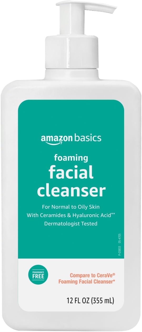 Amazon Basics Amazon Basics Foaming Facial Cleanser with Ceramides & Hyaluronic Acid, Gentle Daily Face Wash, Non-Comedogenic, Fragrance-Free, 12 fl oz Korean face wash