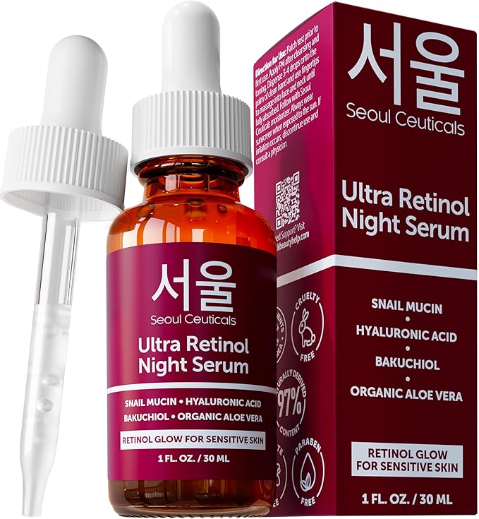 SeoulCeuticals SeoulCeuticals 1% Korean Retinol Night Serum for Face - 97.5% Snail Mucin + Hyaluronic Acid + Bakuchiol, Cruelty Free K Beauty for Sensitive Skin 1oz Serum