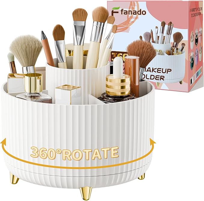 fanado 360° Rotate Makeup Brush Holder Organizer, Makeup Organizers Countertop, White skincare
